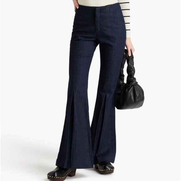 FRAME Pleated High-Rise Bell Bottom Flared Dark Blue Denim Jeans Size 32 - Picture 1 of 15